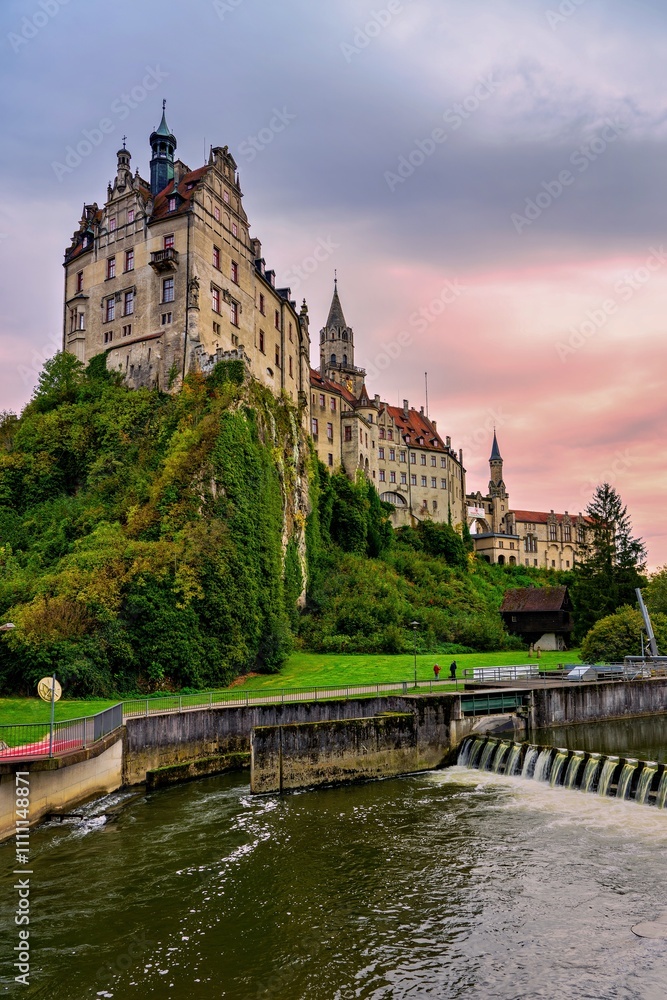View of the Hohenzollern Castle in Sigmaringen in Germany. View of the Hohenzollern Castle in Sigmaringen in Germany.