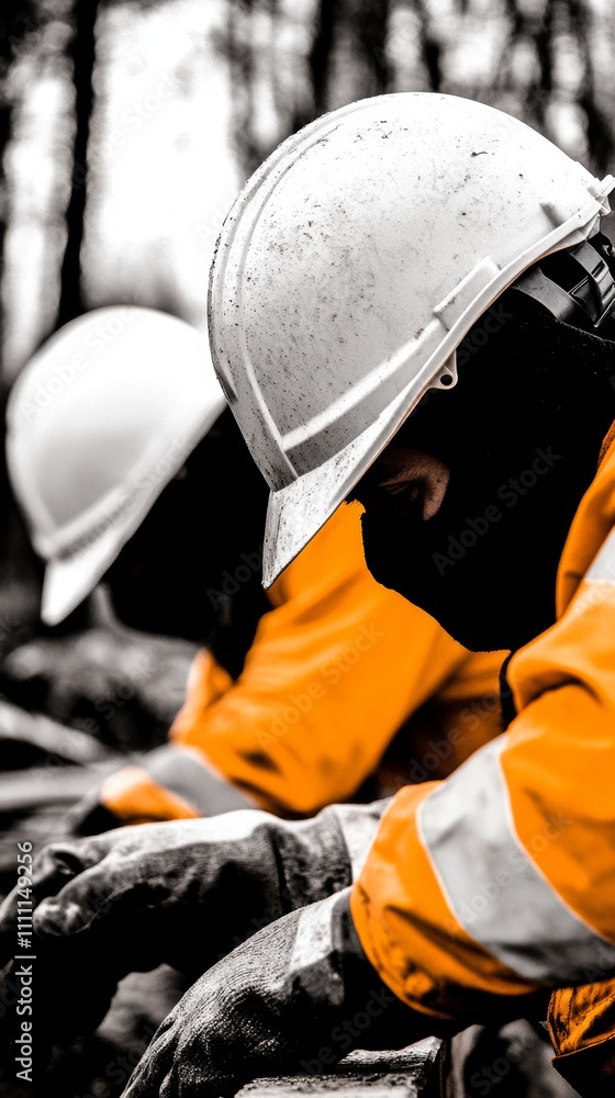 Close-up of construction workers wearing hard hats and bright orange safety jackets. Close-up of construction workers wearing hard hats and bright orange safety jackets.