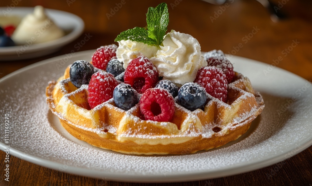A golden waffle topped with fresh raspberries, blueberries, and a sprig of mint, dusted with powdered sugar A golden waffle topped with fresh raspberries, blueberries, and a sprig of mint, dusted with powdered sugar