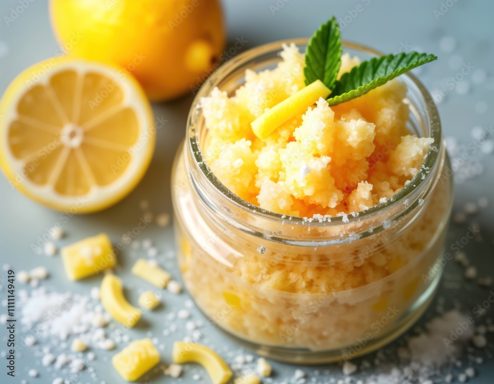 Homemade lemon salt scrub in glass jar. Fresh lemon slices, lemon zest around jar. Natural organic cosmetic product for skin care. Perfect for body scrub facial treatment. Relaxing, healthy spa Homemade lemon salt scrub in glass jar. Fresh lemon slices, lemon zest around jar. Natural organic cosmetic product for skin care. Perfect for body scrub facial treatment. Relaxing, healthy spa