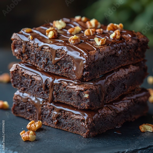 a delicious stack of fudgy chocolate brownies drizzled with melted dark chocolate and topped with chopped walnuts photo