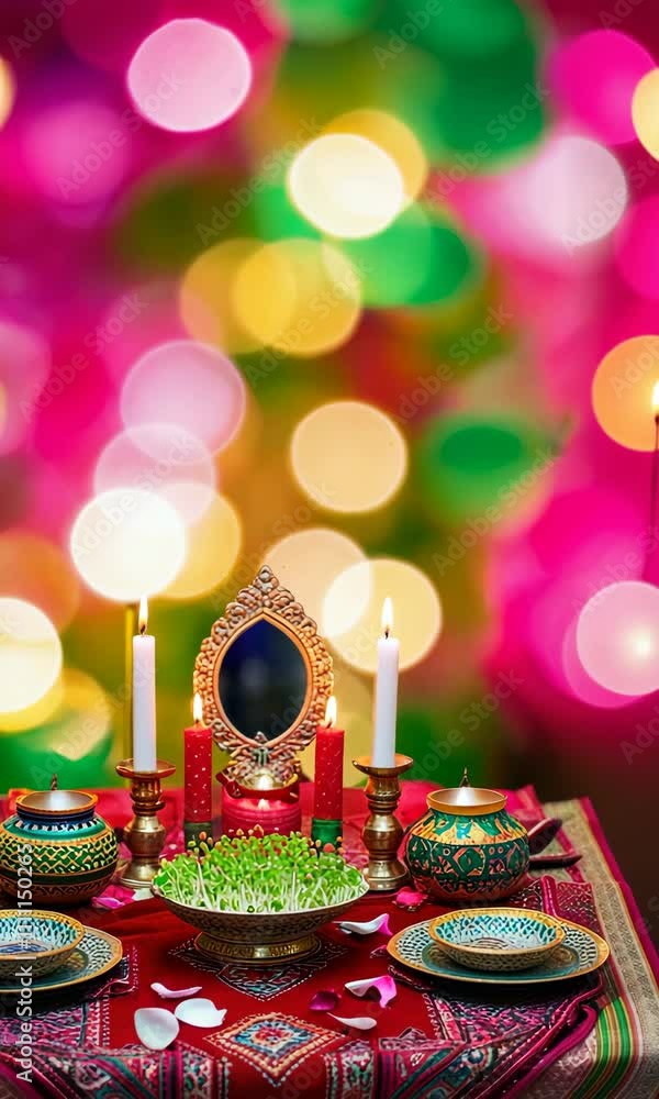 Novruz table decorations with symbolic elements: glowing candles, an ornate mirror, and a bowl of sprouts (Sabzi) Novruz table decorations with symbolic elements: glowing candles, an ornate mirror, and a bowl of sprouts (Sabzi)
