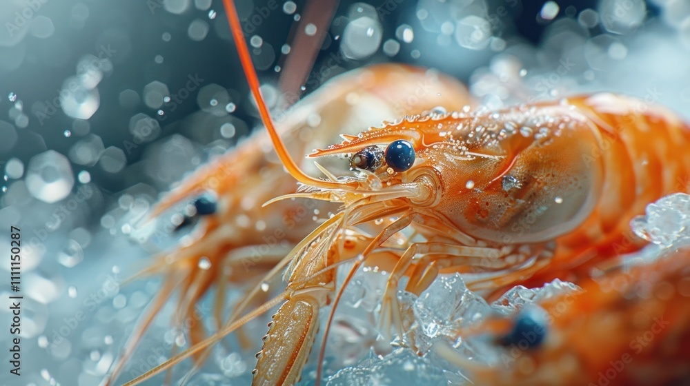 Fresh shrimps on ice with water splash. Fresh shrimps on ice with water splash.