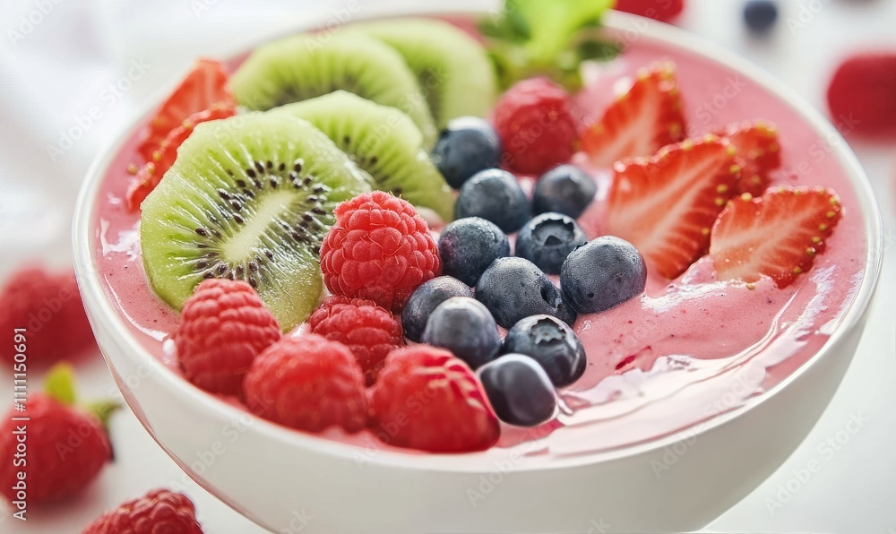 A healthy smoothie bowl with kiwi, strawberries, raspberries, and blueberries, presented beautifully A healthy smoothie bowl with kiwi, strawberries, raspberries, and blueberries, presented beautifully