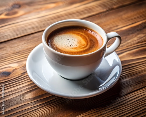 Rich, aromatic coffee swirls beautifully in a clean white cup, set on a rustic wooden table that captures the warmth of a peaceful morning vibe