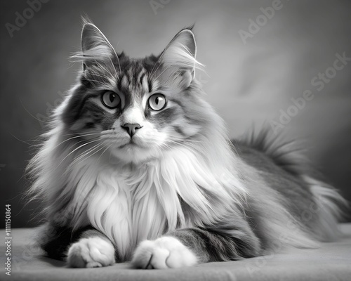 An elegant cat reclines on a soft surface, its lush fur and striking eyes captivating the viewer. The monochrome tones accentuate its regal features, creating a timeless quality photo