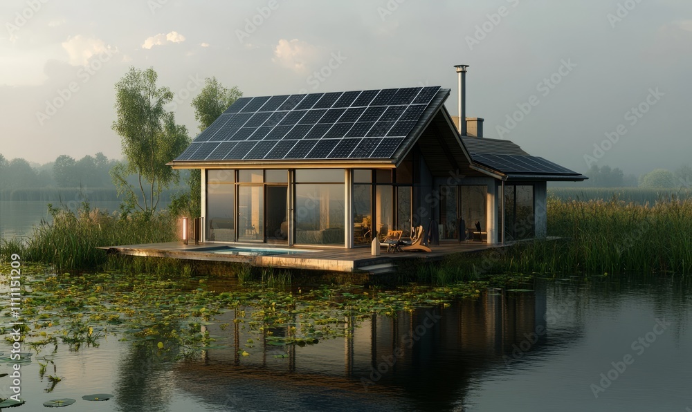 A crossing view house equipped with a solar energy system. The solar panels are installed on the roof, capturing sunlight to generate energy. A crossing view house equipped with a solar energy system. The solar panels are installed on the roof, capturing sunlight to generate energy.