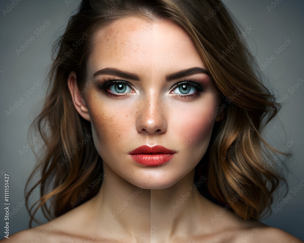 A captivating young woman displays her unique beauty through expressive eyes and flawless skin. Soft light enhances her features, creating a powerful yet tender presence A captivating young woman displays her unique beauty through expressive eyes and flawless skin. Soft light enhances her features, creating a powerful yet tender presence