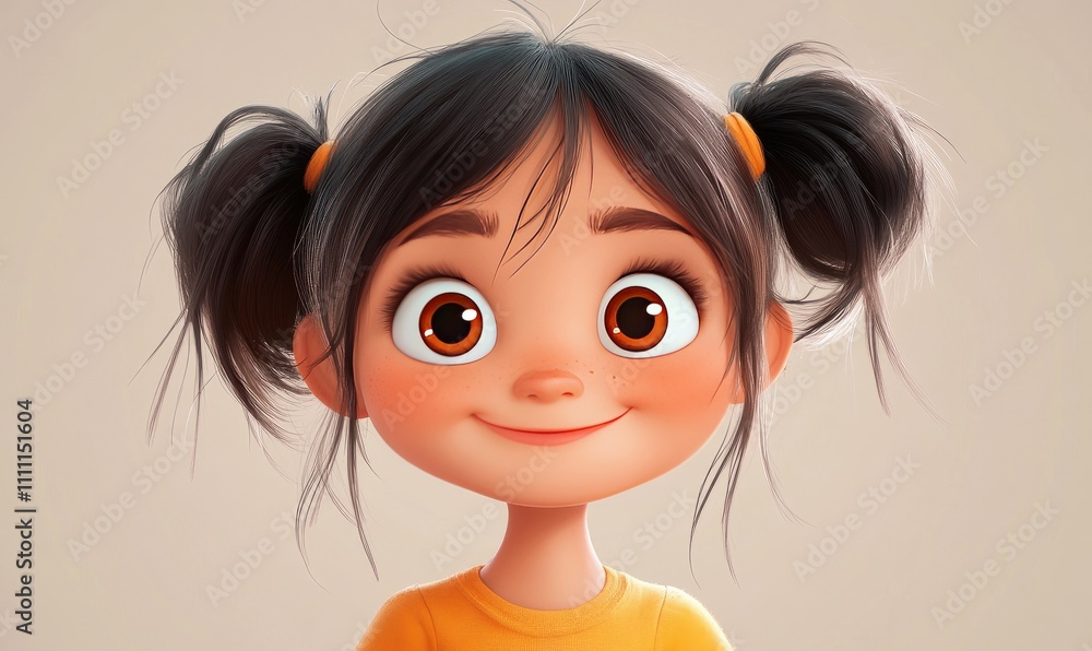 A cute cartoon girl with pigtails, big eyes, and a happy smile A cute cartoon girl with pigtails, big eyes, and a happy smile