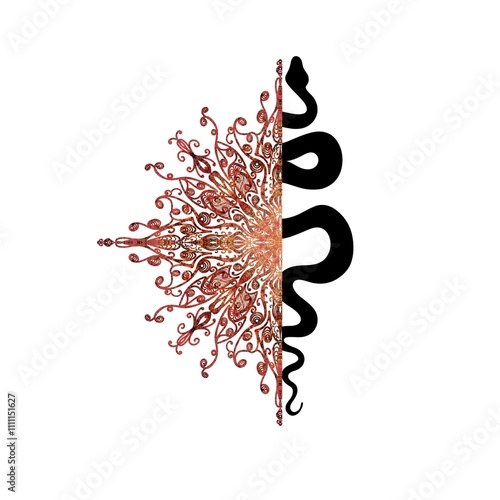 Tattoo snake. Traditional black snake and mandala ink. Isolated illustration....