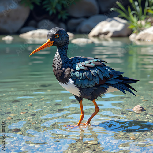 Vibrant waterfowl standing gracefully in shimmering clear waters, digital art of nature concept. photo