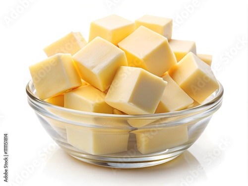 A glass bowl brimming with neatly stacked cubes of soft, creamy butter invites the culinary enthusiast to create delicious dishes and baked goods
