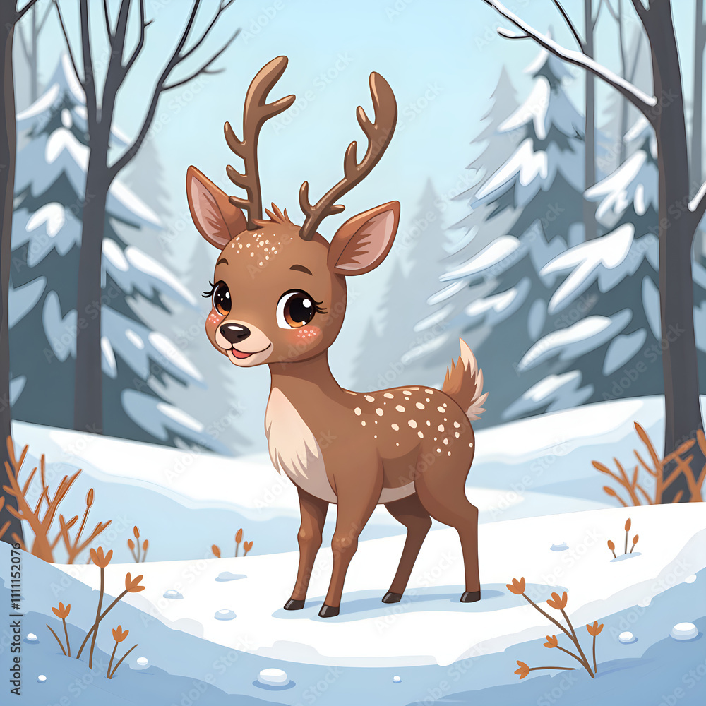 Adorable cartoon deer in a snowy forest landscape with tall trees and gentle snowfall, digital illustration of cartoon character concept. Adorable cartoon deer in a snowy forest landscape with tall trees and gentle snowfall, digital illustration of cartoon character concept.