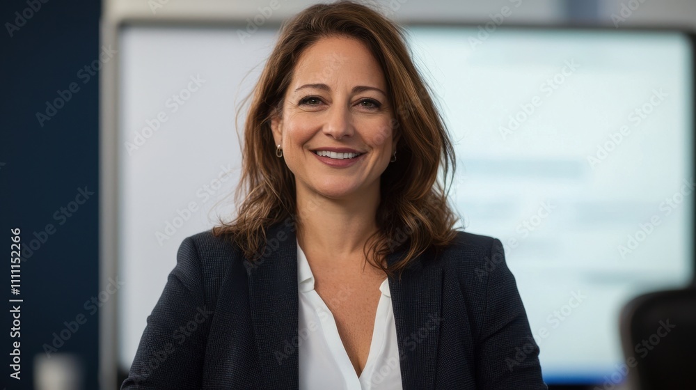 A woman in a blue jacket and white shirt is smiling A woman in a blue jacket and white shirt is smiling