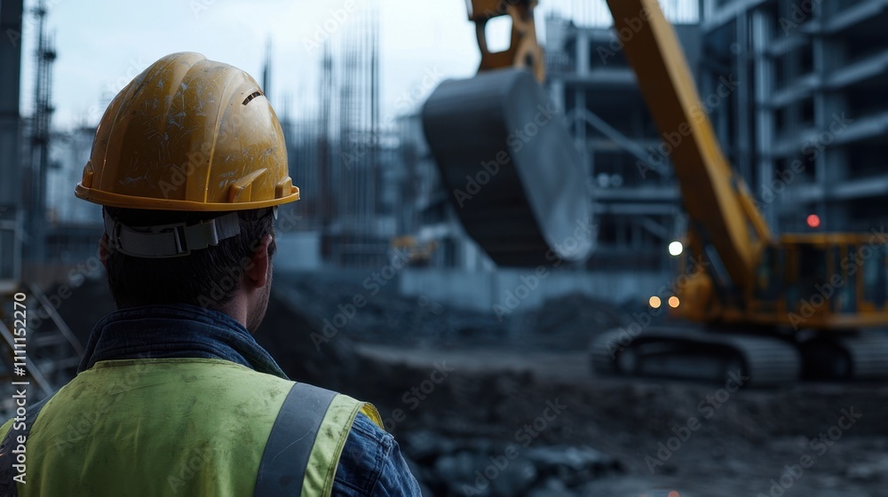 A construction worker wearing a yellow helmet A construction worker wearing a yellow helmet