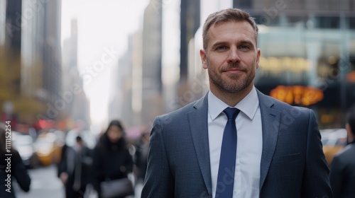 A man in a suit and tie stands in the middle of a busy city street