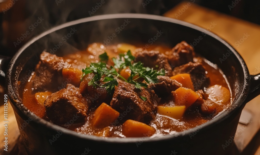 A hearty beef and vegetable stew in a black pot garnished with parsley A hearty beef and vegetable stew in a black pot garnished with parsley