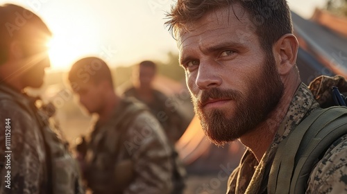 A focused soldier with a rugged beard stands in a camp at sunrise, surrounded by his comrades, creating a powerful image of camaraderie, duty, and resilience. photo