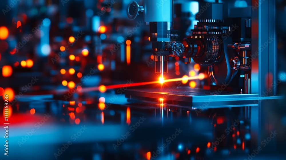 High-tech laser machine, precise red beam. High-tech laser machine, precise red beam.
