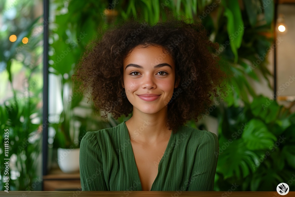 Young woman with curly hair smiling in a green natural interior, expressing warmth and positivity Young woman with curly hair smiling in a green natural interior, expressing warmth and positivity