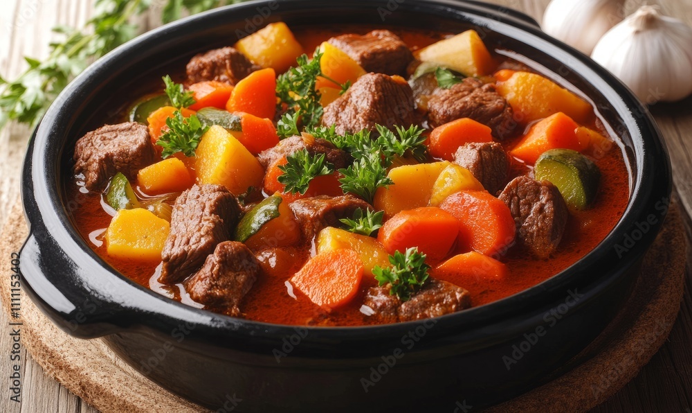 A hearty beef and vegetable stew in a black pot garnished with parsley A hearty beef and vegetable stew in a black pot garnished with parsley