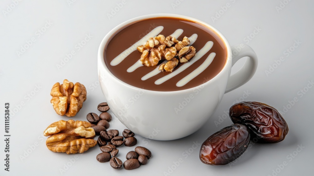 a mocha coffee cup with a drizzle of chocolate syrup, placed alongside walnuts, dates a mocha coffee cup with a drizzle of chocolate syrup, placed alongside walnuts, dates