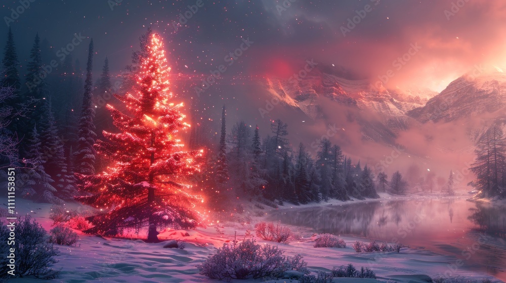 Glowing red Christmas tree in snowy mountain landscape. Glowing red Christmas tree in snowy mountain landscape.