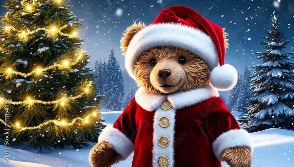 Festive Teddy Bear in Santa Costume Against Snowy Christmas Scene Festive Teddy Bear in Santa Costume Against Snowy Christmas Scene