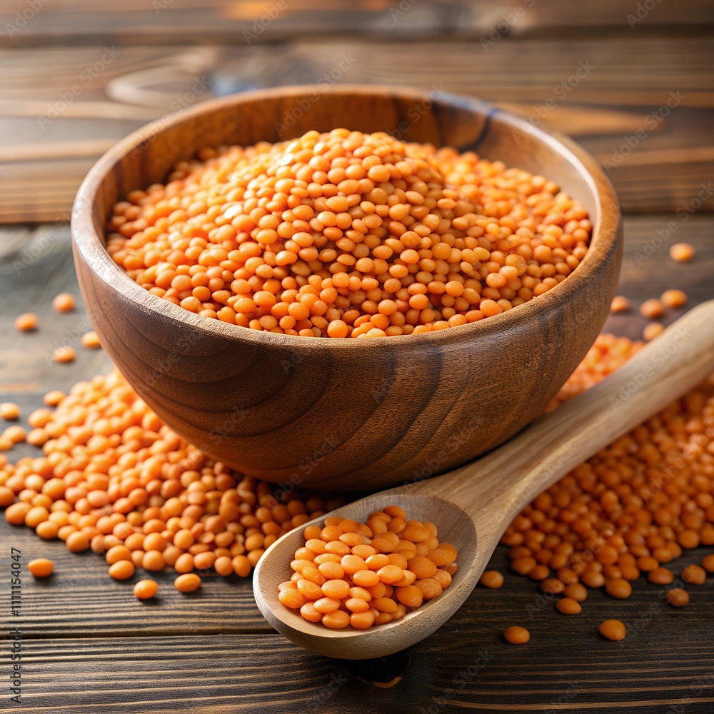 A rustic wooden bowl overflowing with bright orange lentils sits on a weathered wooden table. Nearby, a spoon holds more lentils, showcasing their rich color and texture, inviting recipes A rustic wooden bowl overflowing with bright orange lentils sits on a weathered wooden table. Nearby, a spoon holds more lentils, showcasing their rich color and texture, inviting recipes