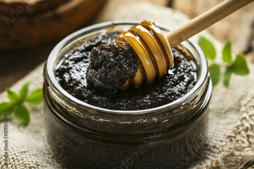 Jar of shilajit honey with a wooden dipper resting on top, placed on a rustic fabric with green leaves in the background. Close-up