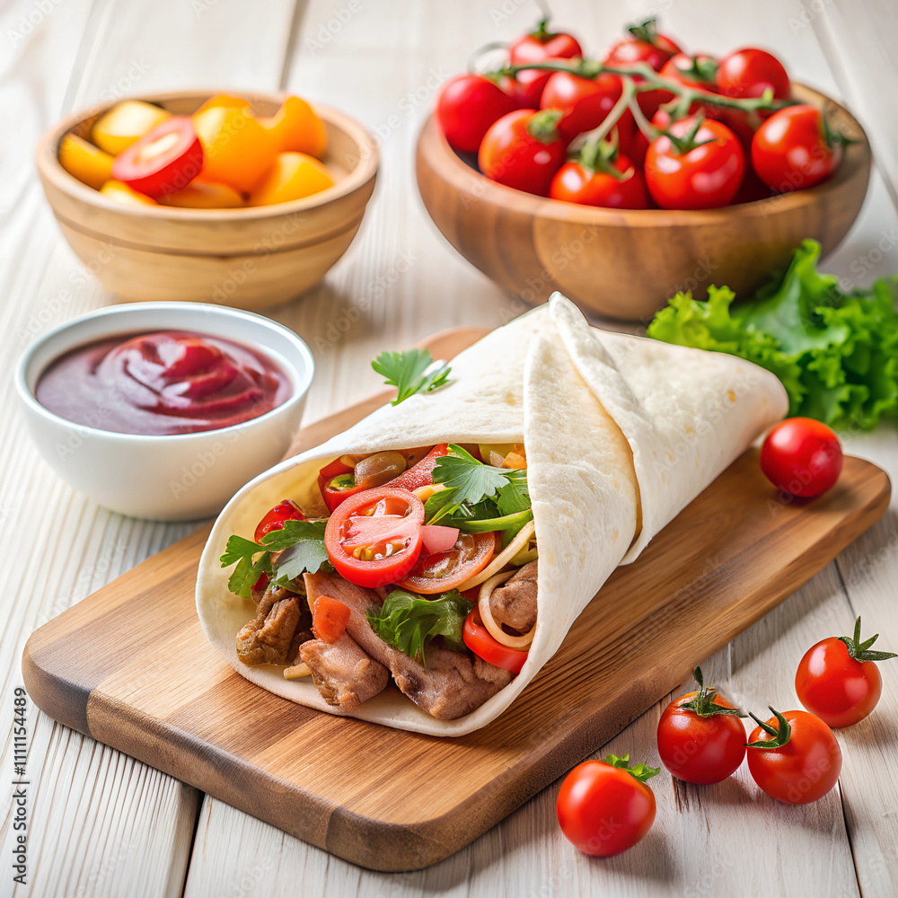 A delicious wrap filled with grilled meat, fresh vegetables, and herbs is presented on a wooden cutting board A delicious wrap filled with grilled meat, fresh vegetables, and herbs is presented on a wooden cutting board