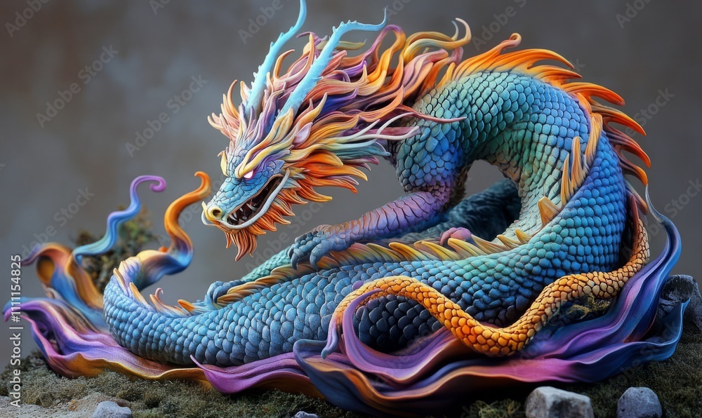Fototapeta premium A fearsome and intricate dragon sculpture, showcasing a blend of vibrant colors and elaborate patterns, exuding an aura of mythical power and ancient artistry.