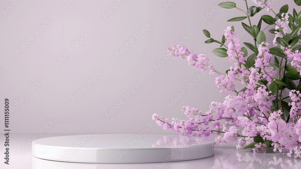 White circular podium with lilac flowers on a pastel pink background. Minimalist composition for product display and spring-themed designs.
White circular podium with lilac flowers on a pastel pink background. Minimalist composition for product display and spring-themed designs.