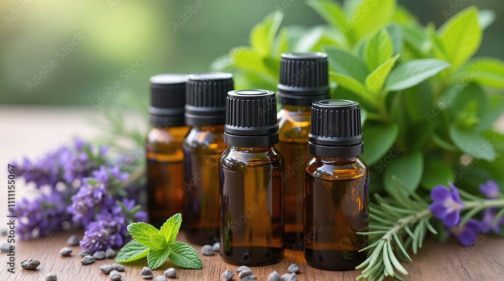 Aromatherapy and Essential Oil Bottles with Fresh Plants and Flowers Aromatherapy and Essential Oil Bottles with Fresh Plants and Flowers