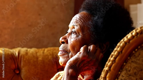 A woman is sitting on a couch and talking on the phone. She is looking down and she is in a contemplative mood
