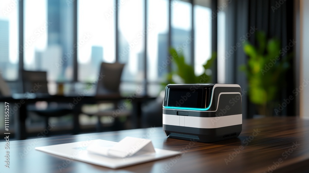 AI Robot Mail Delivery on Desk in Modern Office AI Robot Mail Delivery on Desk in Modern Office