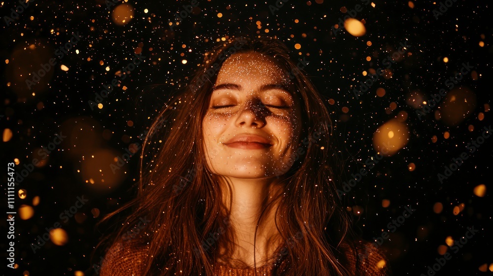 Woman smiling with her eyes closed surrounded by glitter and light Woman smiling with her eyes closed surrounded by glitter and light
