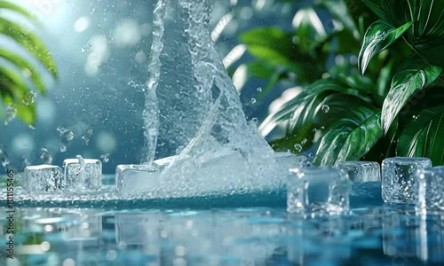 Refreshing Ice Cubes Splashing in Tropical Paradise