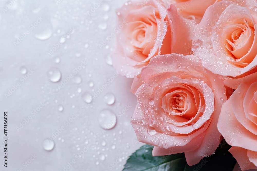 A bouquet of pink roses with water droplets on them A bouquet of pink roses with water droplets on them