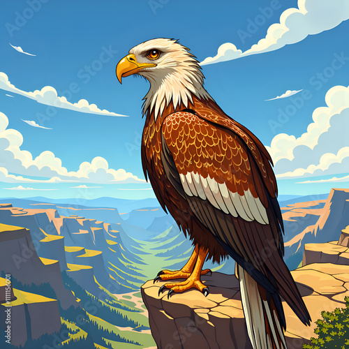 Astonishing eagle overlooking a vast canyon under a bright blue sky, digital art of nature concept. photo