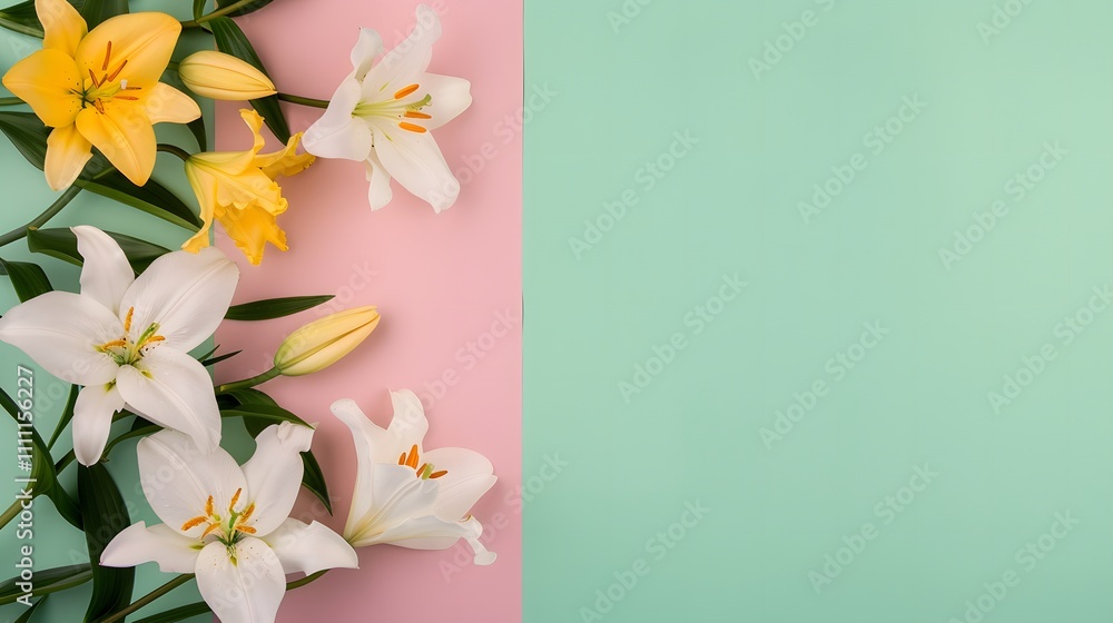 Yellow and white lilies arranged on a split pink and green background. Flat lay composition with copy space for spring and floral designs.
Yellow and white lilies arranged on a split pink and green background. Flat lay composition with copy space for spring and floral designs.