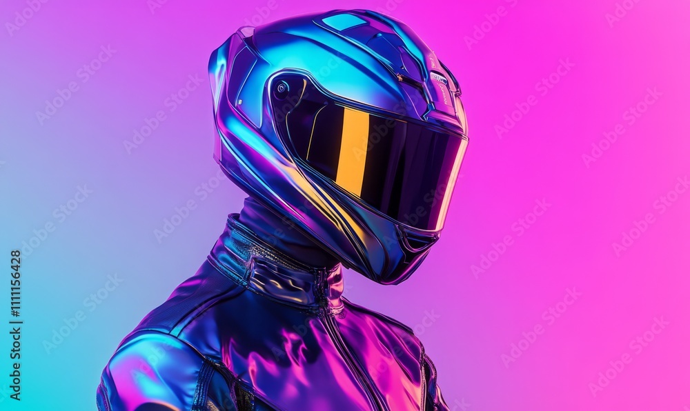 A futuristic motorcyclist wearing a neon-lit helmet and suit, set against a vibrant gradient background. A futuristic motorcyclist wearing a neon-lit helmet and suit, set against a vibrant gradient background.