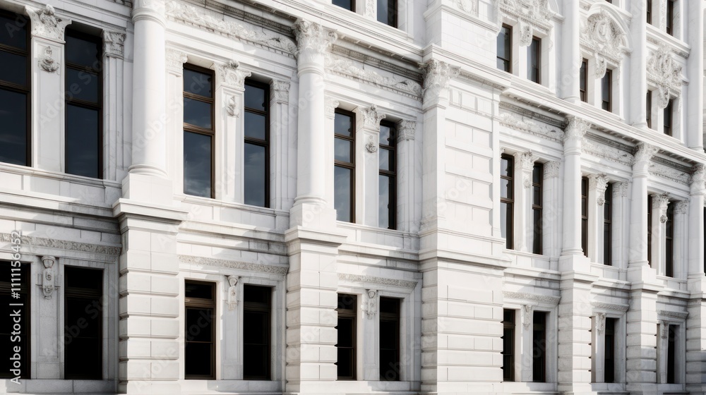 Close-up of the facade of a building with white columns. Close-up of the facade of a building with white columns.