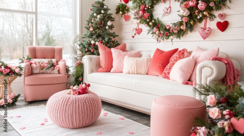 Cozy living room adorned with pink and red Valentine's Day decorations, AI Cozy living room adorned with pink and red Valentine's Day decorations, AI