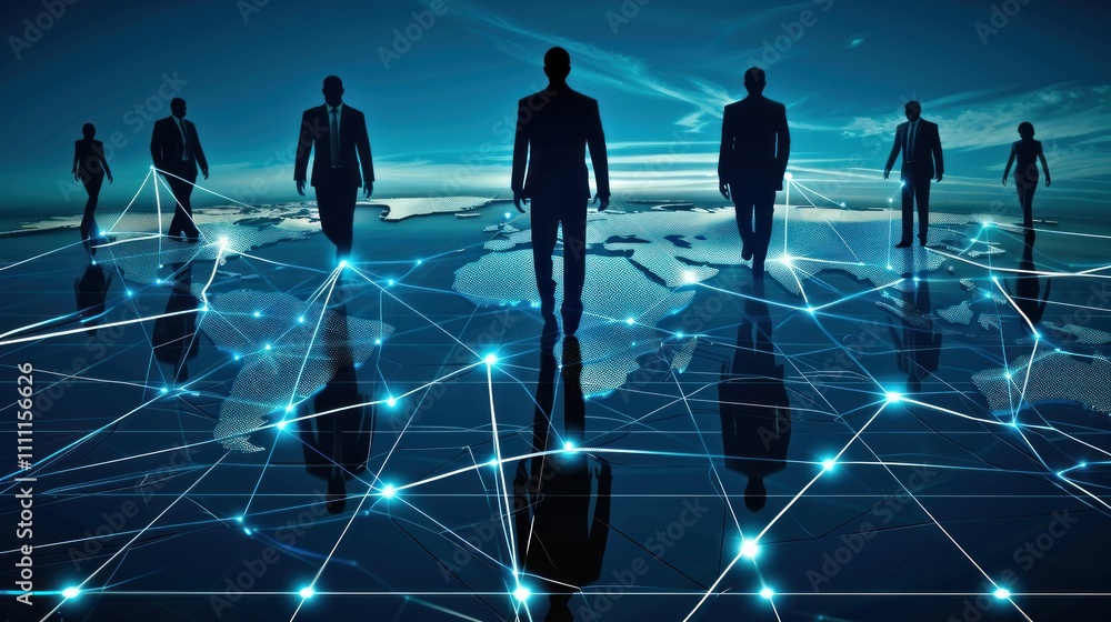 Silhouetted businesspeople walking on a global network. Silhouetted businesspeople walking on a global network.