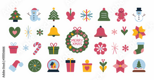 Set of Christmas minimalist geometric elements. Xmas abstract icons in minimalist style. Christmas tree, snowman, gifts, deer and holiday decoration. Modern vector flat illustration.