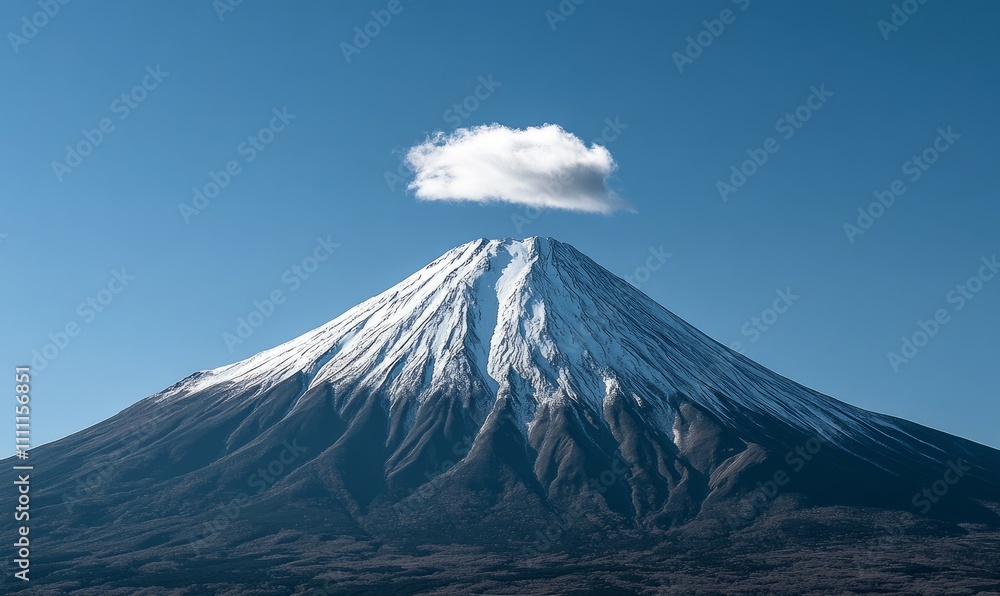 A majestic snow-capped mountain peak rising into a clear blue sky, with a solitary cloud hovering above A majestic snow-capped mountain peak rising into a clear blue sky, with a solitary cloud hovering above