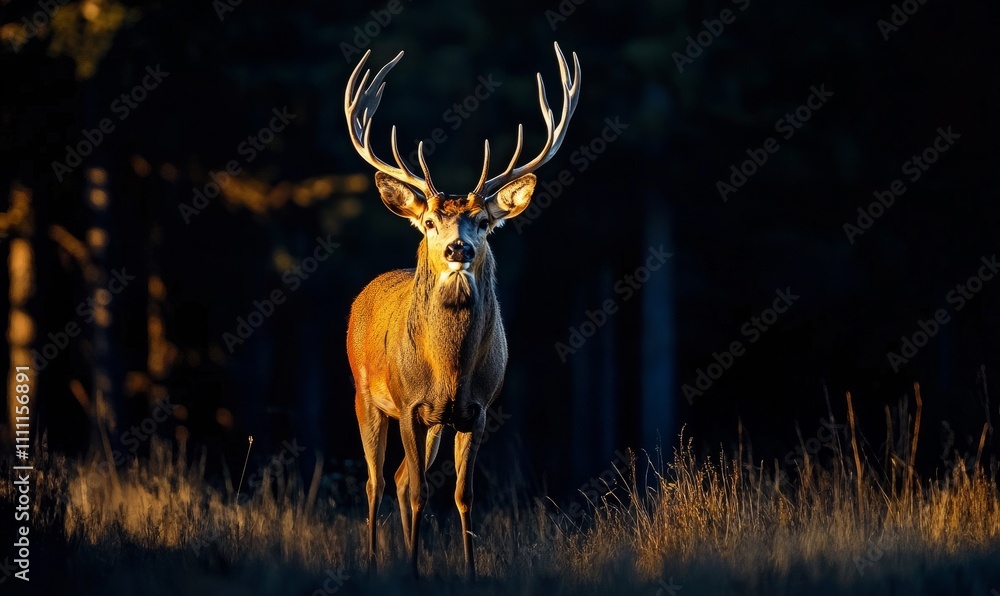 A majestic deer stands still in the dark forest, its antlers illuminated against the shadowy backdrop A majestic deer stands still in the dark forest, its antlers illuminated against the shadowy backdrop