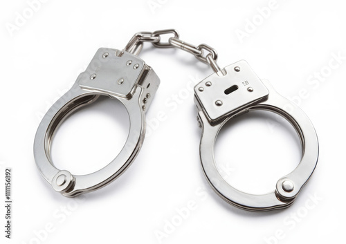 Silver handcuffs connected by a short chain, isolated on a clean white background. 3D rendering