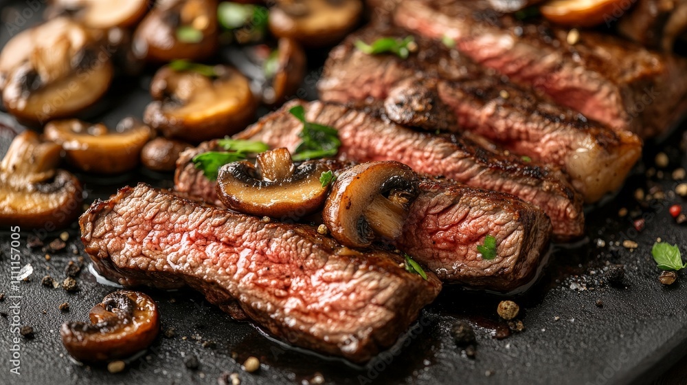 Juicy steak slices accompanied by sautéed mushrooms on a dark plate. Juicy steak slices accompanied by sautéed mushrooms on a dark plate.